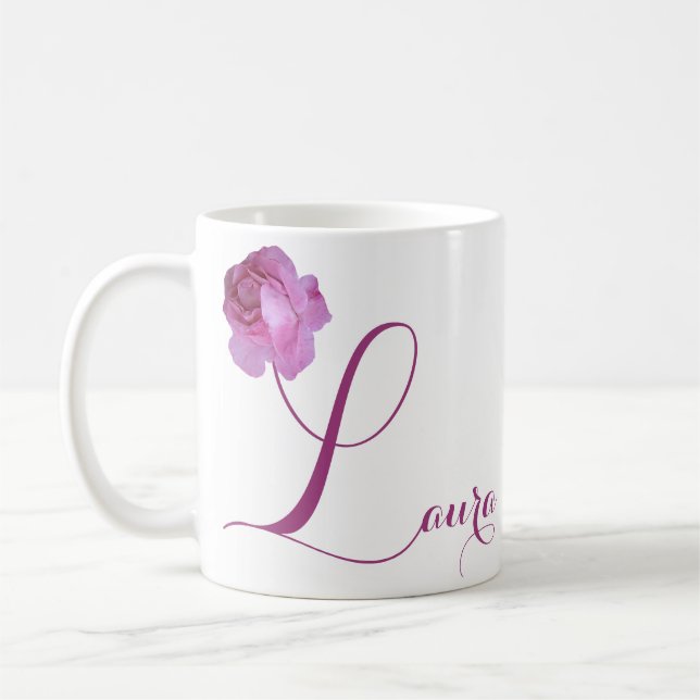 Caneca De Café Nome de Laura bonito rosa rosa floral (Esquerda)