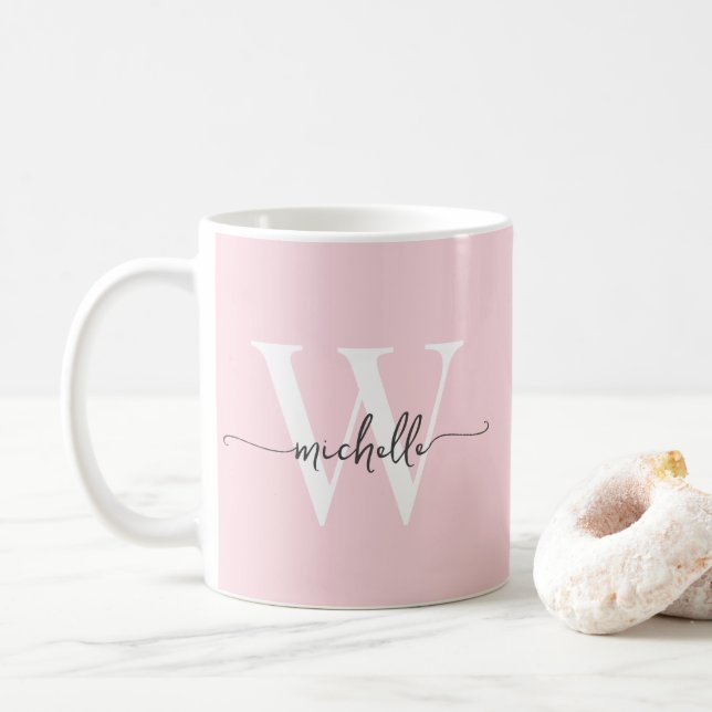 Caneca De Café Nome de Monograma de Caligrafia com Rosa Charmoso (Com Donut)