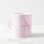 Caneca De Café Nome de Monograma de Listras Rosa Moderno<br><div class="desc">Comece a sua manhã com estilo com esta caneca de café listrada cor-de-rosa personalizada, projetada para trazer charme atemporal a cada gole. Com um fundo listrado suave cor-de-rosa e branco, esta caneca elegante é personalizada com a inicial do seu monograma e nome completo em uma fonte de letra cursiva graciosa,...</div>