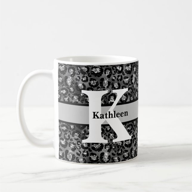 Caneca De Café Nome de Monograma Estampa de Leopardo Preto Cinza  (Esquerda)