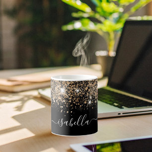 Caneca De Café Nome de poeira dourado preto glam script
