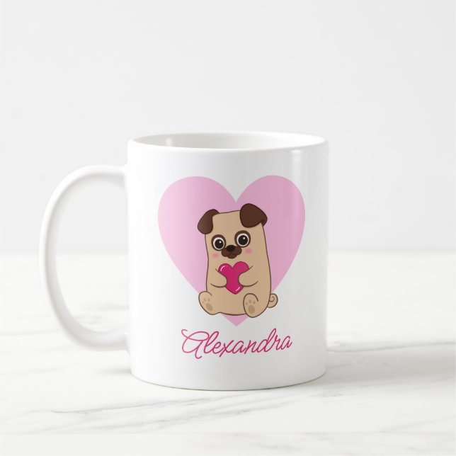 Caneca De Café Nome de Pug Cardíaco Rosa Kawaii Cute Personalizad (Esquerda)