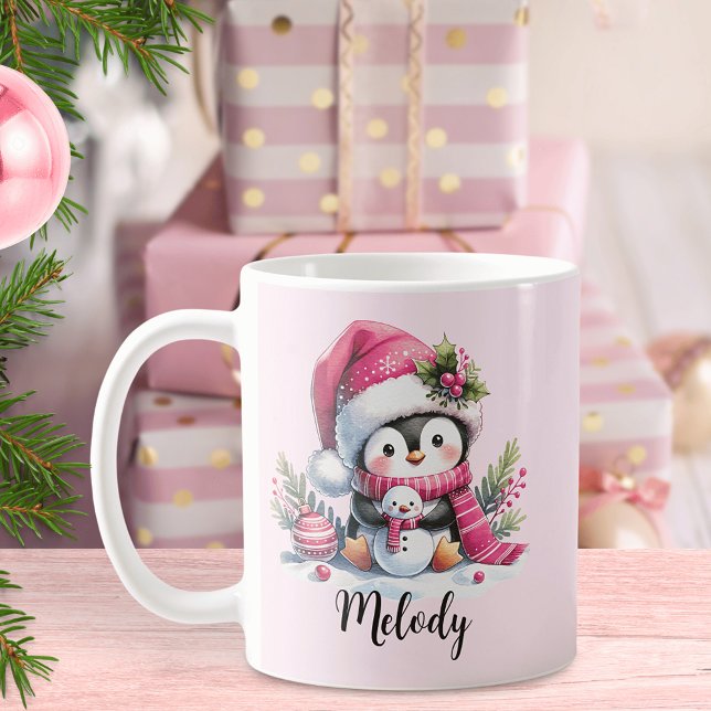 Caneca De Café Nome de Script do Pinguim Gelado Rosa Natal (Criador carregado)