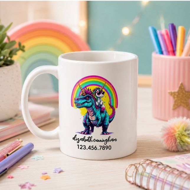 Caneca De Café Nome do arco-íris do dinossauro montando unicórnio (Unicorn Riding Dinosaur Rainbow Name school Coffee Mug)