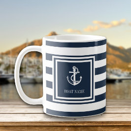 Caneca De Café Nome do Barco Azul Marinho com Listras Âncora Náut