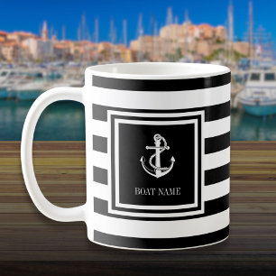 Caneca De Café Nome do Barco Faixa Preta e Branca Âncora