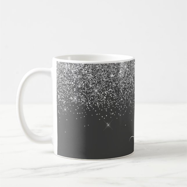 Caneca De Café Nome do Monograma da Girly Glitter Sparkle Cinza S (Esquerda)