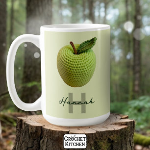 Caneca De Café Nome do Monograma de Maçã de Crochet Verde de Arte