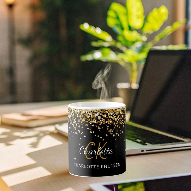 Caneca De Café Nome do monograma de ouro preto (Criador carregado)