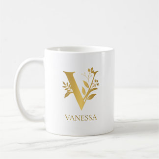 Caneca De Café Nome Do Monograma De Tipografia Branca E Dourada