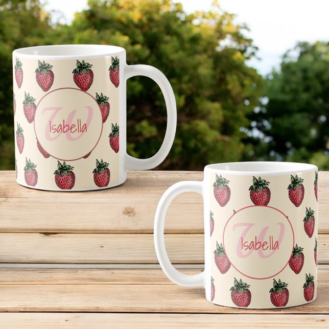 Caneca De Café Nome do Monograma do Padrão de Morango Fresco (strawberry pattern template name & monogram mug on both sides of handle)