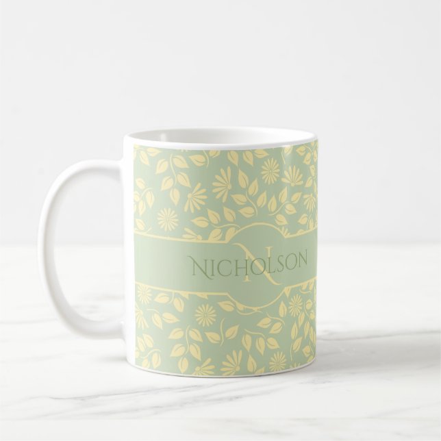 Caneca De Café Nome do Monograma Elegante Padrão Folha Pastel Ver (Esquerda)