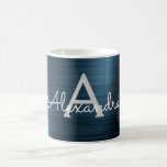 Caneca De Café Nome do Monograma Metálico Moderno Azul<br><div class="desc">Folha de Aço Metálico Inoxidável,  Moderna e Elegante,  Azul,  Indene,  Nome Monograma e Mug Inicial de Café. O café ou a xícara de chá monogramados faz o Natal ou presente de aniversário perfeito para alguém que ama estilo personalizado chic.</div>