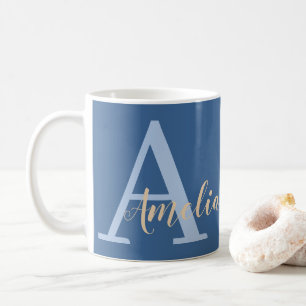 Caneca De Café Nome do Monograma Mínimo Azul