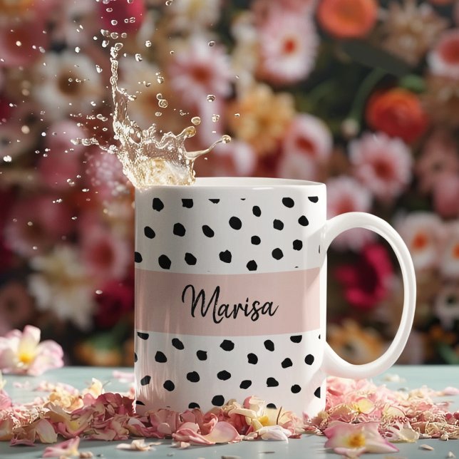 Caneca De Café Nome do Monograma Moderno | Pastel Pink & Black Po (Criador carregado)
