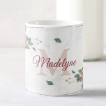 Caneca De Café Nome do Monograma Personalizado do Boho Floral Geo<br><div class="desc">Uma bela mão pintada a cor-de-água rosa,  ilustração de flor silvestre em uma caneca com seu próprio monograma e nome personalizado. O padrão geométrico do ouro rosa e o fundo do mármore acrescentam um toque moderno a este design boêmico.</div>