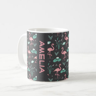 Caneca De Café Nome do padrão cinza fofo do Flamingo Rosa