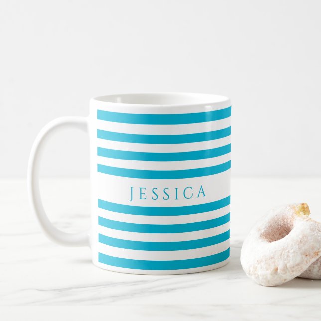 Caneca De Café Nome do padrão de listras azuis-teais (Com Donut)