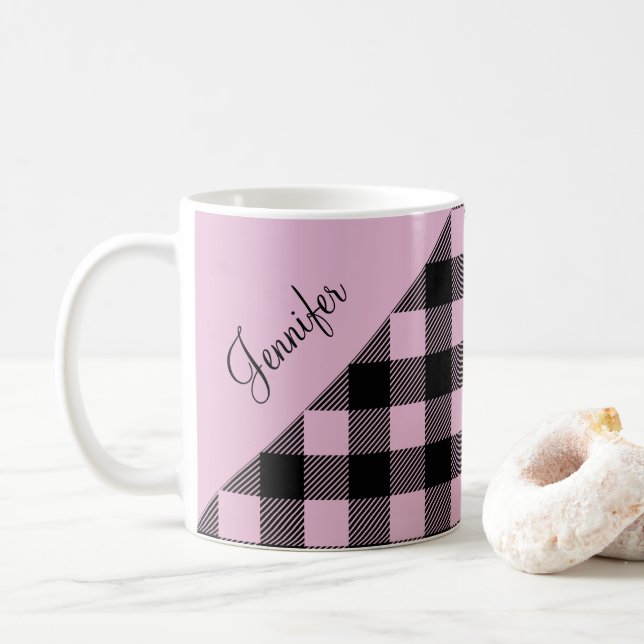 Caneca De Café Nome do padrão xadrez rosa moderno (Com Donut)