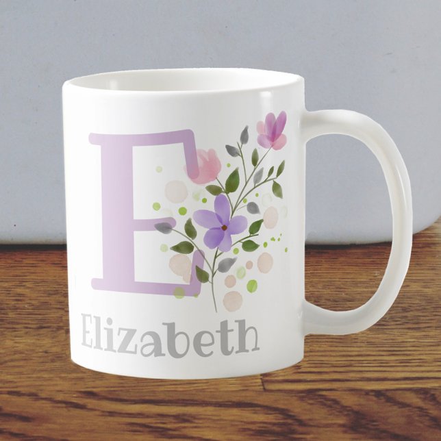 Caneca De Café Nome do Primeiro Adição Inicial Elizabeth com Flor (Criador carregado)