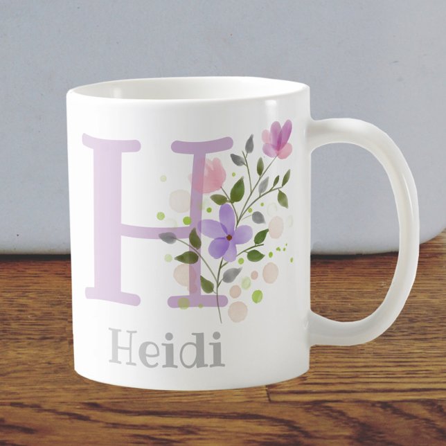 Caneca De Café Nome do primeiro primeiro Plus Heidi com Flores (Criador carregado)