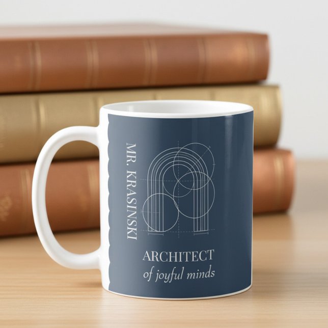 Caneca De Café Nome do Professor Arquiteto de Mentes Alegres Azul (Personalized mug, teacher appreciation gift by Darling & May)