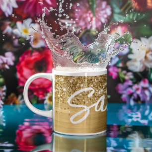 Caneca De Café Nome do Script da Escova Glam Glittery Gold