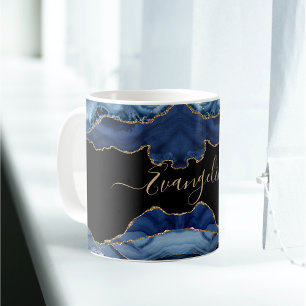 Caneca De Café Nome do Script de Agate Dourado Azul Elegante