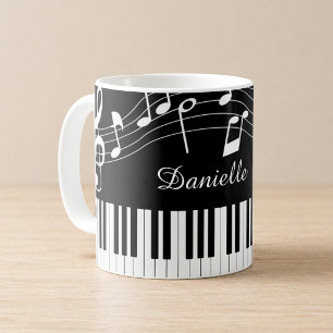 Caneca De Café Nome do Script de Notas Musicais de Piano Preto Br