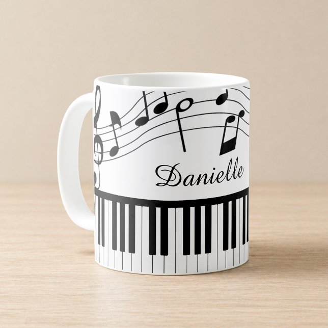 Caneca De Café Nome do Script de Notas Musicais de Piano Preto Br (Criador carregado)