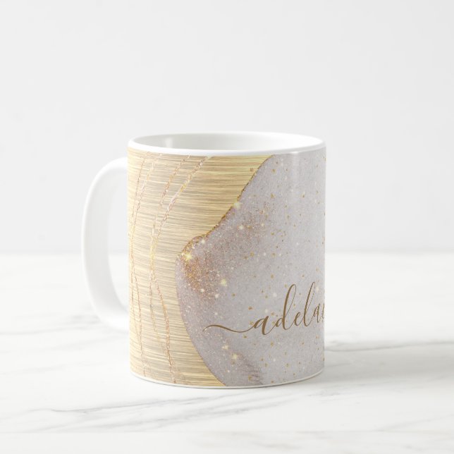 Caneca De Café Nome do Script do Monograma do Glitter Dourado Ele (Frente Esquerda)