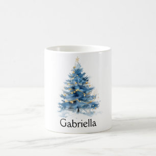 Caneca De Café Nome Dourado da árvore de Natal azul