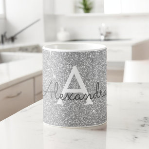 Caneca De Café Nome e inicial do monograma do Silver Sparkle Glit