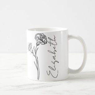 Caneca De Café Nome Elegante em Letra Cursiva Cravo Flor do Mês d