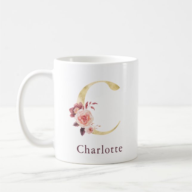 Caneca De Café Nome em Burgundy e Monograma Floral Cor-de-Rosa Le (Esquerda)