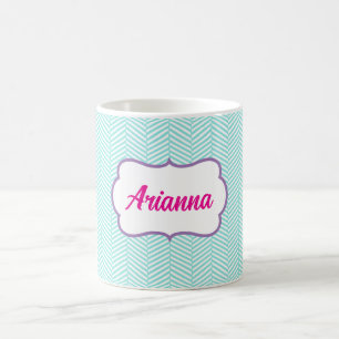 Caneca De Café Nome em Chevron Azul Água e Lavanda Roxo