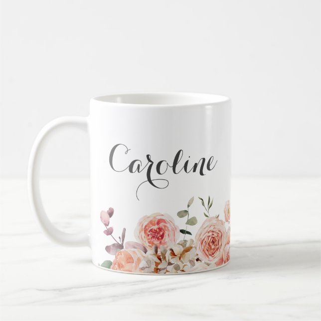 Caneca De Café Nome Floral de Aquarela Rosa Empoeirada (Esquerda)