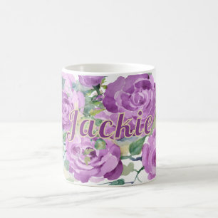 Caneca De Café Nome Floral de Cor de Água Púrpura Personalizado C