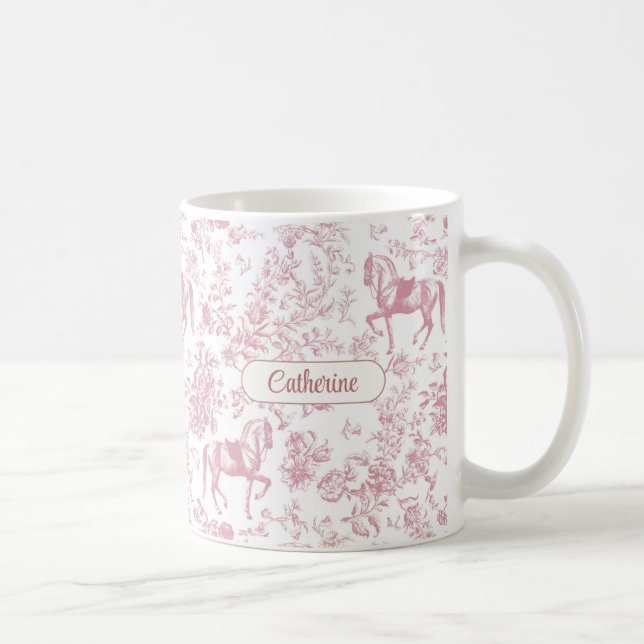 Caneca De Café Nome Floral Toile Equestre Rosa Elegante (Direita)