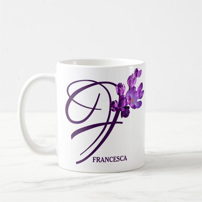 Caneca De Café Nome Francesca personalizável crocusa roxa floral (Esquerda)