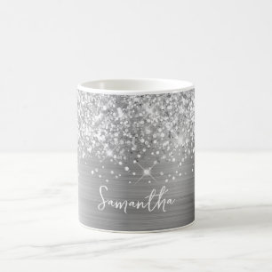 Caneca De Café Nome Glam Prateado Brilhante