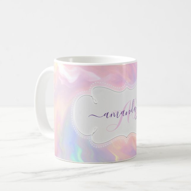 Caneca De Café Nome Holográfico Monograma Girly Pink Quinceañera (Frente Esquerda)