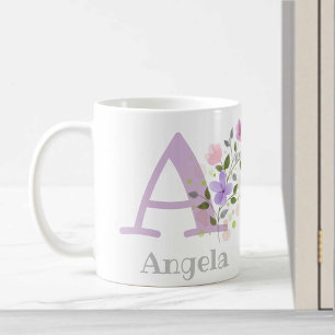 Caneca De Café Nome inicial de adição Angela com flores