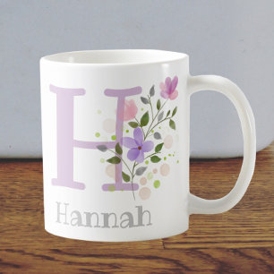 Caneca De Café Nome inicial de adição Hannah com flores