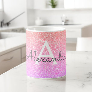 Caneca De Café Nome inicial do Monograma com brilho roxo rosado
