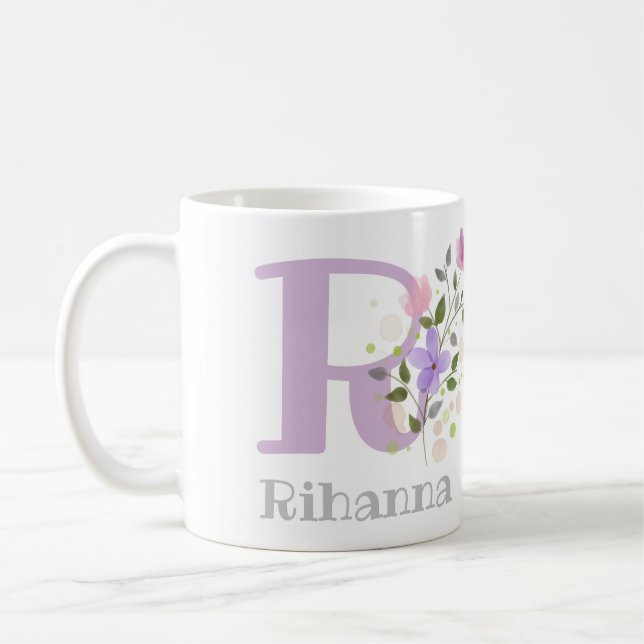 Caneca De Café Nome Inicial Mais com Flores. Desenho Floral (Esquerda)