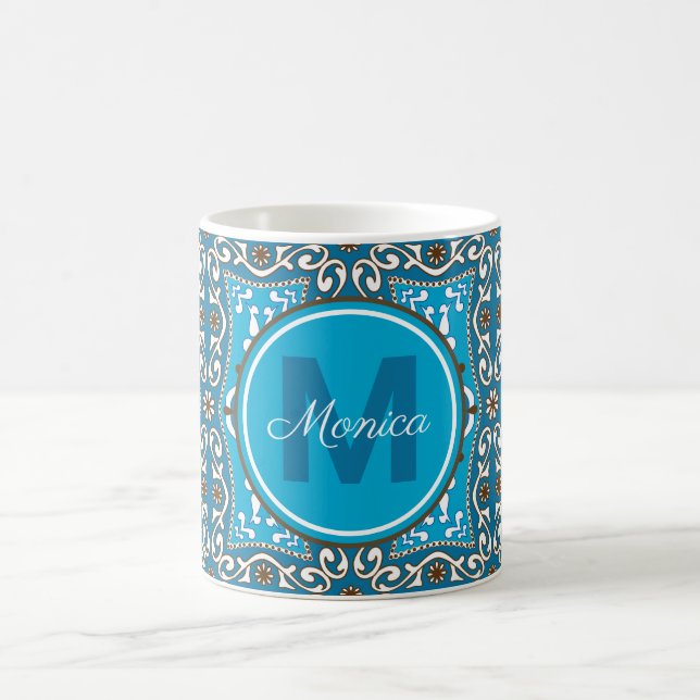 Caneca De Café 💙🤎 Nome + inicial turquesa - Azulejos castanhos, (Centro)