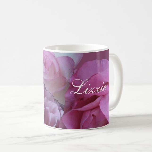 Caneca De Café Nome Lizzie personalizável na moda de rosas rosa b (Frente Esquerda)