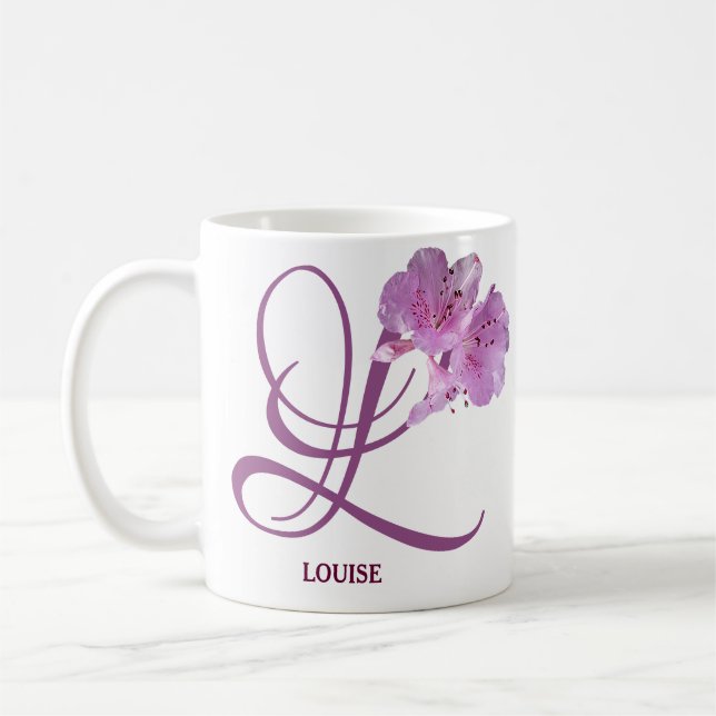 Caneca De Café Nome Louise personalizável monograma floral rosa f (Esquerda)