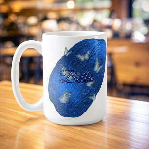 Caneca De Café Nome Moderno Brilhando Azul Real com Borboletas